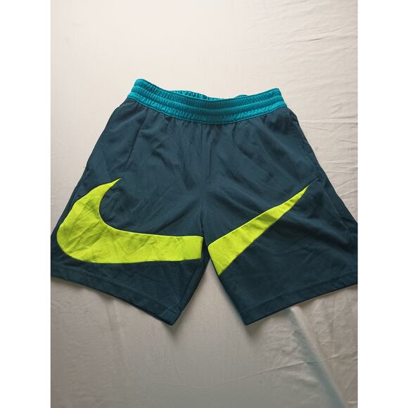 Nike Dri Fit Kids Pull on Shorts Large Swoosh Blue Neon Yellow Sports Medium - Picture 1 of 3